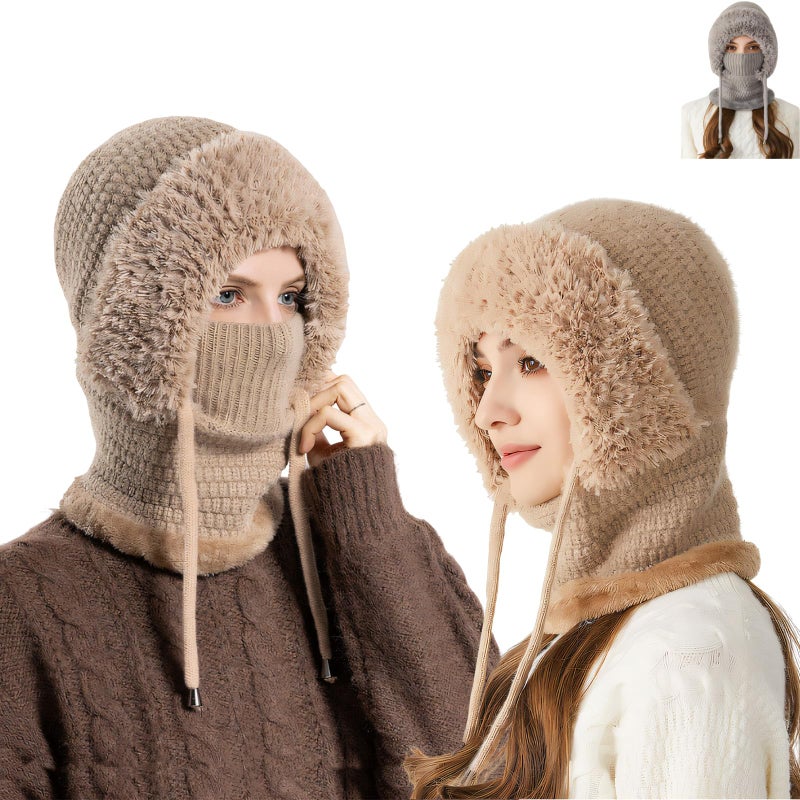 PMDYBY 3 in 1 Beanie Hat with Scarf and Mask, Women Balaclava Winter, Warm and Wind-Resistant, Ideal for Outdoor Skiing and Travel, 1pcs-khaki, One Size - Image 1