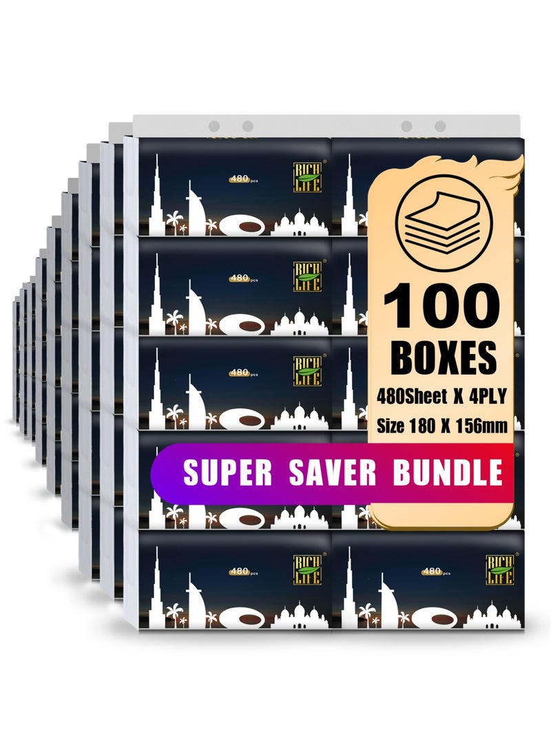 Rich Life - Facial Tissue - Premium Quality 4-Ply - 480 Sheets | 100 Value Packs | Soft, Durable & Moisture Proof | 100% Raw Wood Pulp - Ideal for Wet & Dry | Available in 5 to 100 Packs - Image 1