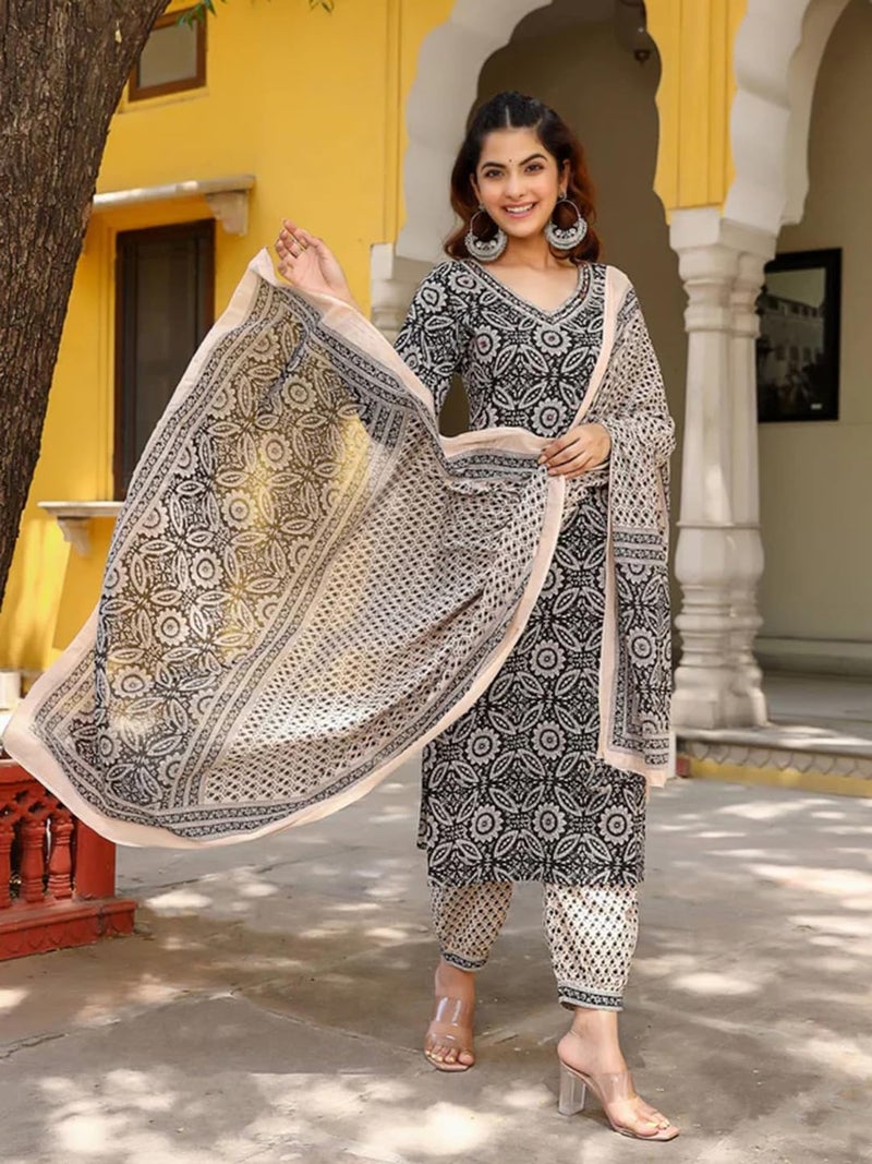 Tee Projekt Women's Cotton Blend V Neck Kurta Pant with Dupatta Set ll Casual Wear Women Grey - Image 2