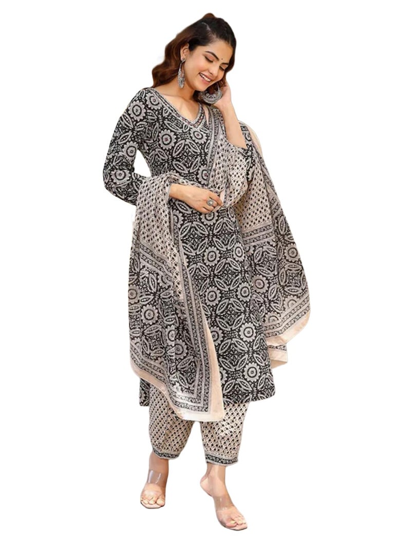 Tee Projekt Women's Cotton Blend V Neck Kurta Pant with Dupatta Set ll Casual Wear Women Grey - Image 1