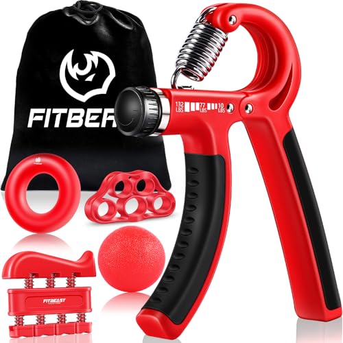 FitBeast مجموعة تقوية قبضة اليد (5 عبوات) فيت بيست قابلة للتعديل لمقاومة قبضة اليد، تمارين الأصابع، مطاط الأصابع، حلقة القبضة وكرة تخفيف الضغط للرياضيين (أحمر) - Image 1