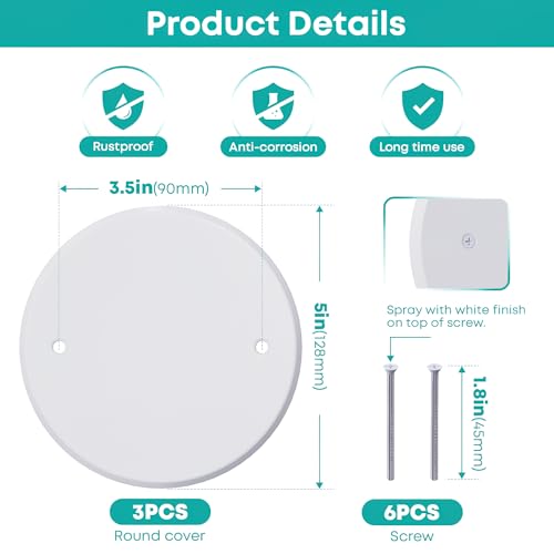 Wuno Shop 3 Pcs Smoke Detecte Cover Plate, 5 Inch Metal Round Blank Ceiling Cover Plate, Junction Box Covers For Outlet And Wall Light Hole, Electrical Box Covers With Hole Spacing 3.5 Inch - Image 2