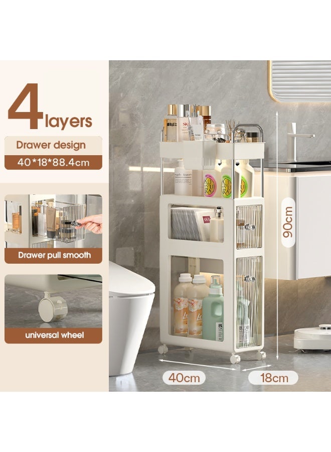 Noon East 4 Layers Clear Slim Bathroom Storage Cabinet with Visible Drawer, Movable Narrow Floor Cabinet for Small Space, Bathroom, Dresser Closet, 40 x 18 x 90 cm, Cream Frame - Image 2