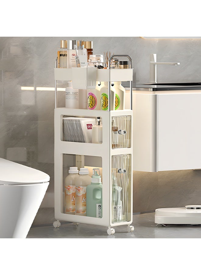 Noon East 4 Layers Clear Slim Bathroom Storage Cabinet with Visible Drawer, Movable Narrow Floor Cabinet for Small Space, Bathroom, Dresser Closet, 40 x 18 x 90 cm, Cream Frame - Image 1