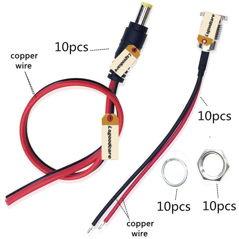 Lsgoodcare 20Pcs 5.5 x 2.1 MM DC Power Jack Socket Dc099 30V Threaded Female Mount Connector Adapter with Cable & 5.5mm x 2.1mm 12V Pure Copper Male DC Power Pigtail Cable - Image 4