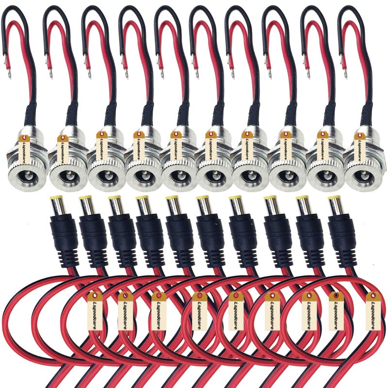 Lsgoodcare 20Pcs 5.5 x 2.1 MM DC Power Jack Socket Dc099 30V Threaded Female Mount Connector Adapter with Cable & 5.5mm x 2.1mm 12V Pure Copper Male DC Power Pigtail Cable - Image 1