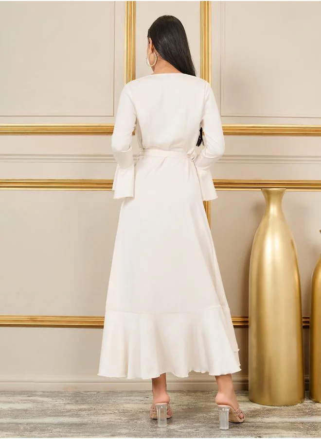 ستايلي Solid Ruffle Hem Wrap Midi Dress