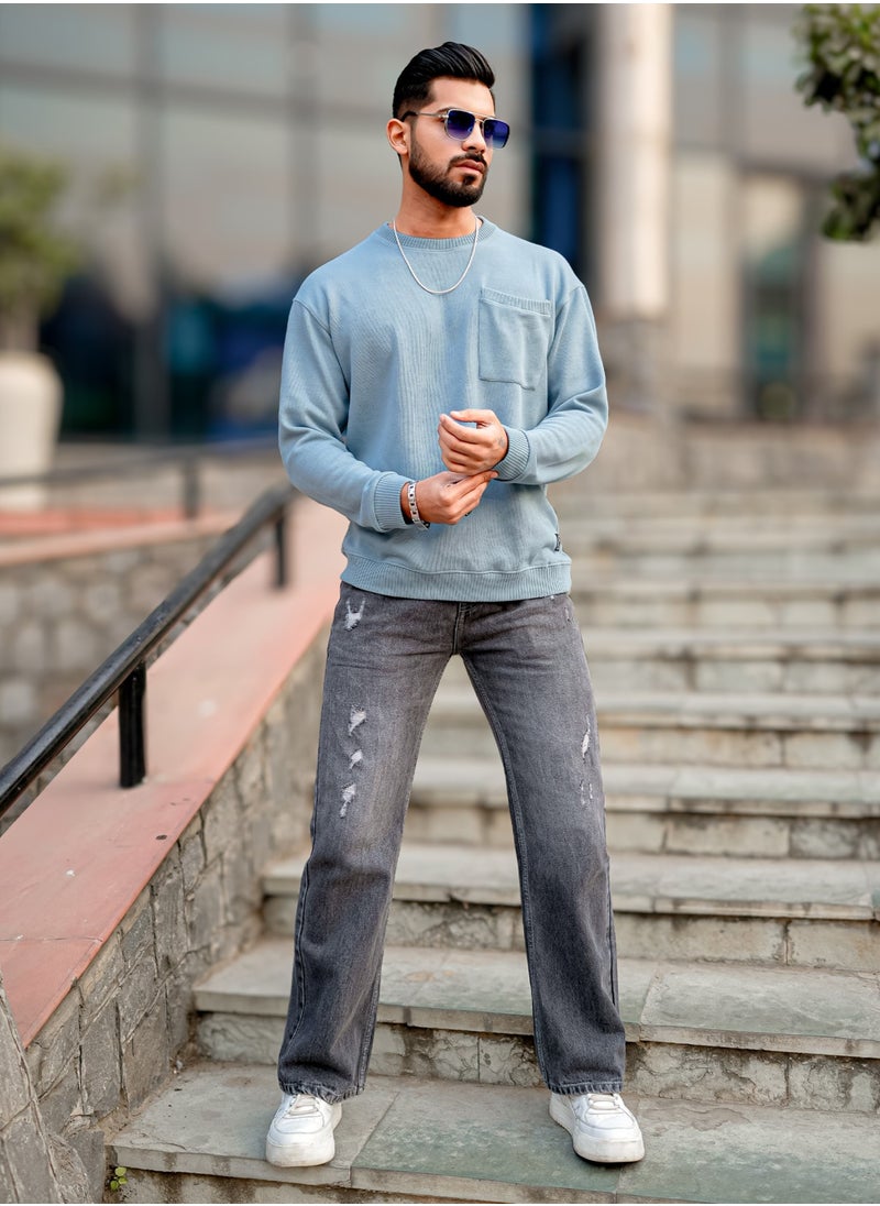 Maniac Maniac Men Solid Round Neck Full Sleeve Light Blue Coarse knit Sweatshirt  - Image 5