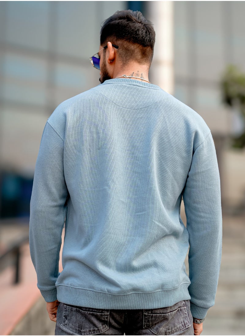 Maniac Maniac Men Solid Round Neck Full Sleeve Light Blue Coarse knit Sweatshirt  - Image 3