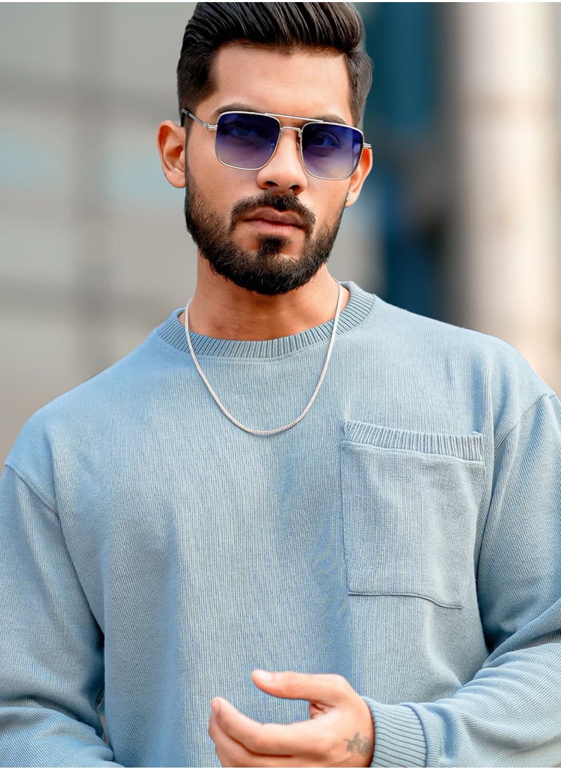 Maniac Maniac Men Solid Round Neck Full Sleeve Light Blue Coarse knit Sweatshirt  - Image 1