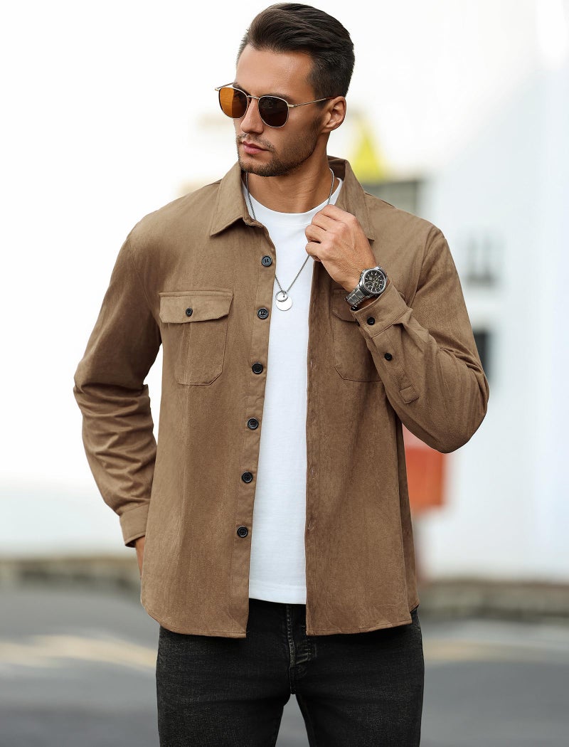 ZAFUL Men's Button Down Shirts Faux Suede Shacket Long Sleeve Pockets Lightweight Jacket Business Outfit Top (Khaki S) - Image 2