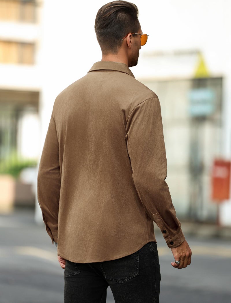 ZAFUL Men's Button Down Shirts Faux Suede Shacket Long Sleeve Pockets Lightweight Jacket Business Outfit Top (Khaki S) - Image 4