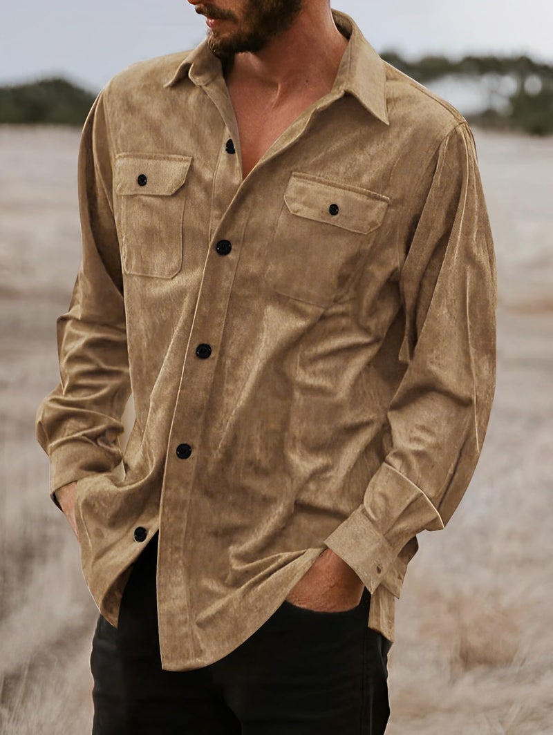 ZAFUL Men's Button Down Shirts Faux Suede Shacket Long Sleeve Pockets Lightweight Jacket Business Outfit Top (Khaki S) - Image 3