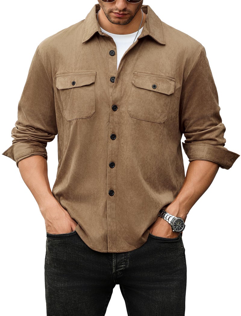 ZAFUL Men's Button Down Shirts Faux Suede Shacket Long Sleeve Pockets Lightweight Jacket Business Outfit Top (Khaki S) - Image 1