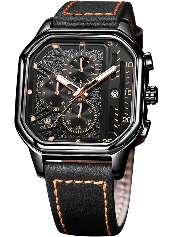 أوليفز ساعات رجالية كوارتز كرونوغراف جلد موضة رسمية ساعة تاريخ مقاومة للماء مضيئة ساعات يد كاجوال مربعة للأعمال… - Image 1