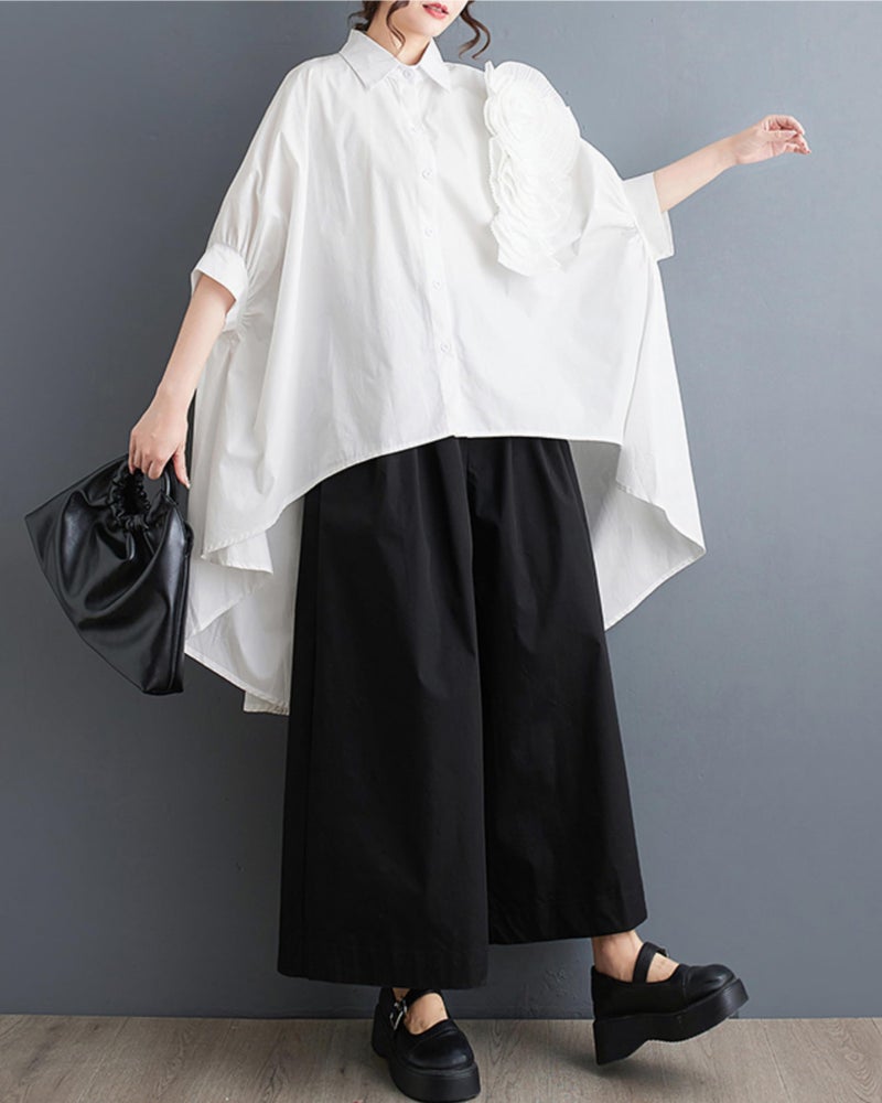 ellazhu Women Half Batwing Sleeves Flower Solid Color Button Down High Low Shirt T-Shirt GZ188 White - Image 3