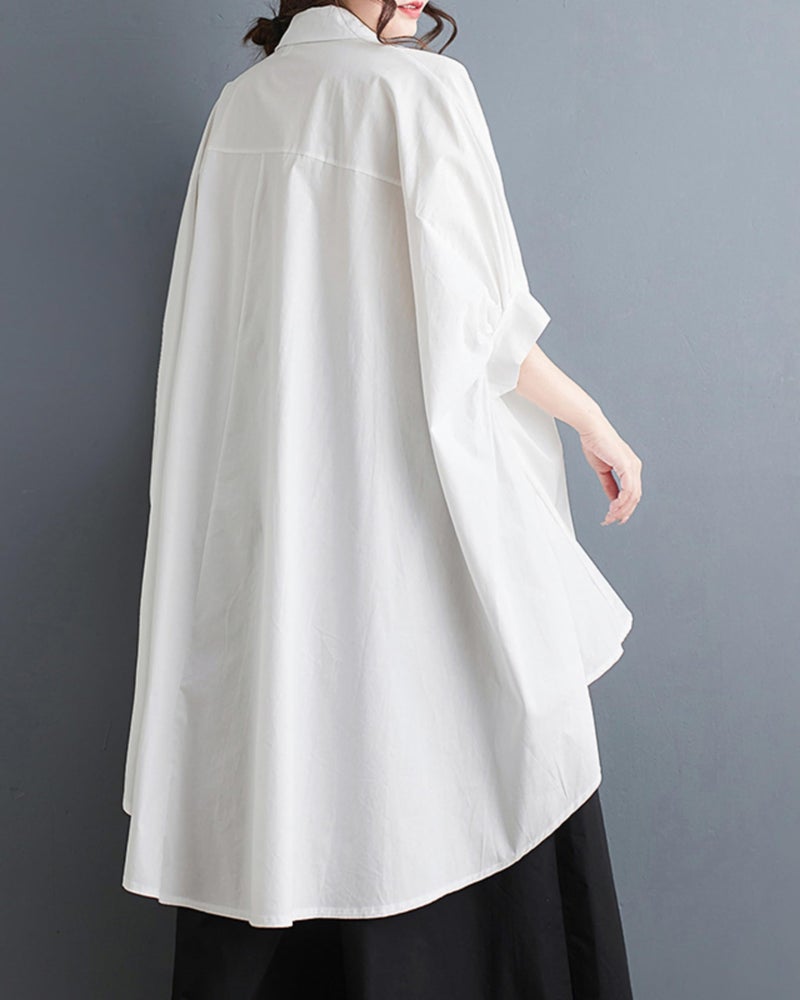 ellazhu Women Half Batwing Sleeves Flower Solid Color Button Down High Low Shirt T-Shirt GZ188 White - Image 2