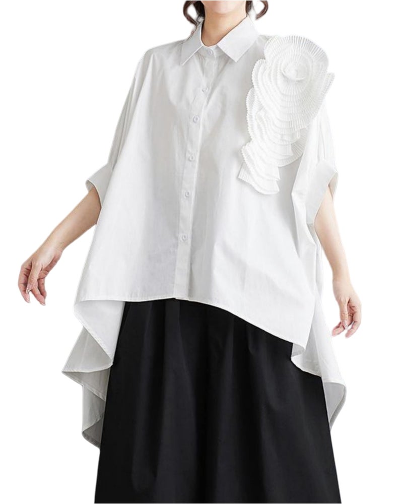 ellazhu Women Half Batwing Sleeves Flower Solid Color Button Down High Low Shirt T-Shirt GZ188 White - Image 1