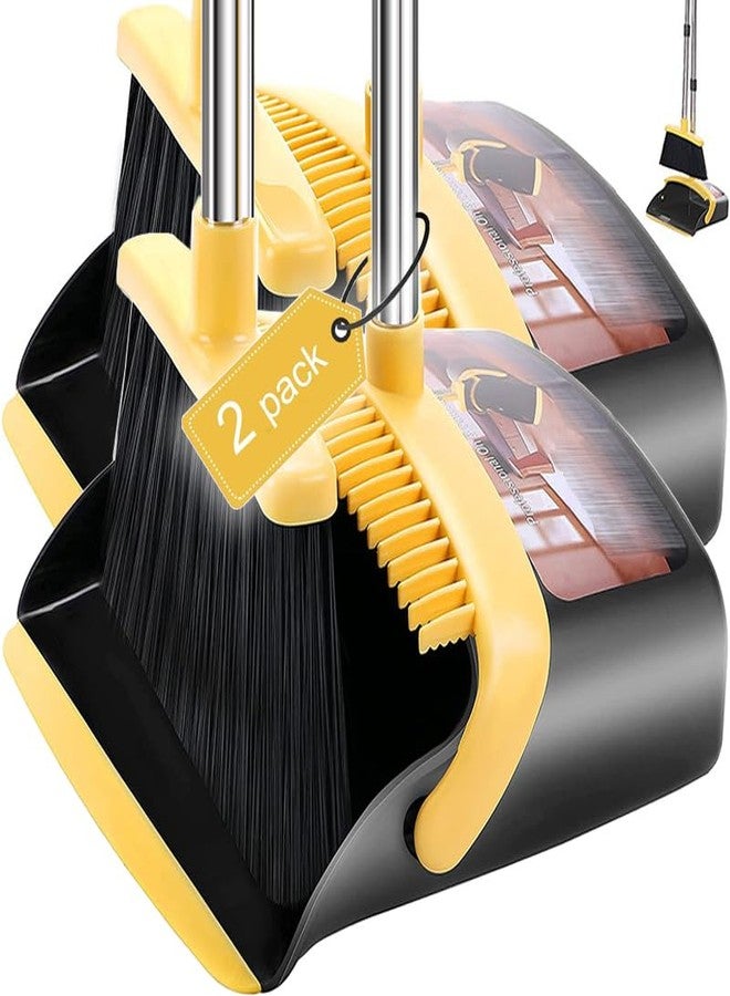 DJDTDTY 2-Pack is More economical,Brooms with Dustpan Combo Set， with 52" Long Handle, Dustpan Teeth with self-Cleaning Function, Indoor and Outdoor Sweeping, Perfect for Home Office (Large/Yellow/ 2-Pack) - Image 1