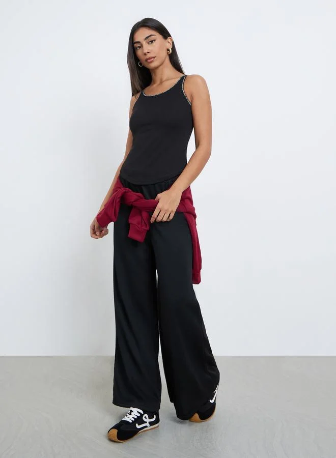 Styli Styli Black Slogan Binding Detail Ribbed Tank