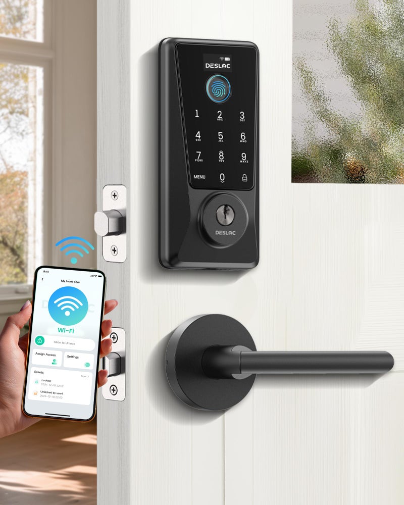 DESLOC D110 Plus Built-in Wi-Fi Smart Lock with 2 Lever Handles, Fingerprint Keyless Entry Door Lock Set, Touchscreen Keypad Deadbolt with Backlit, Remote Control, BHMA 3, IP54 Waterproof, Auto Lock - Image 1