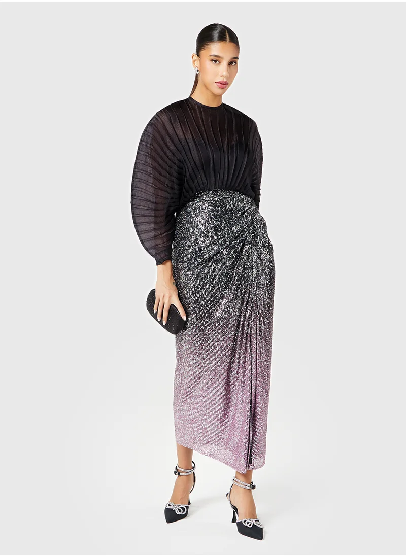 Threadz by Ajooni Sequin Dress With Exaggerated Cape Body