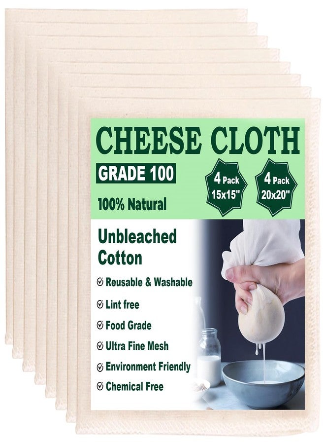 أقمشة جبن للتصفية، عبوة من 8 قطع، قماش جبن غير مبيض ذو حواف مطوية من الدرجة 100، مناسب لتتبيل الديك الرومي، والتعليب، والتصفية، وصناعة الجبن، طبيعي فائق النعومة (8، 15 × 15 بوصة و20 × 20 بوصة). - Image 1