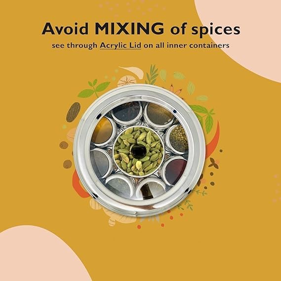 VOMI 9 in 1 Spice Box Stainless Steel stylish Extra Large | Masala Box for Kitchen Steel | Masala Dabba Steel | | See through lid 9 containers, 1 Spoons(22.5cms) Silver - Image 5