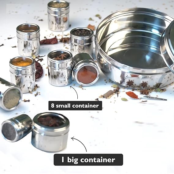 VOMI 9 in 1 Spice Box Stainless Steel stylish Extra Large | Masala Box for Kitchen Steel | Masala Dabba Steel | | See through lid 9 containers, 1 Spoons(22.5cms) Silver - Image 3