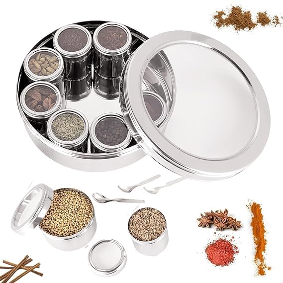 VOMI 9 in 1 Spice Box Stainless Steel stylish Extra Large | Masala Box for Kitchen Steel | Masala Dabba Steel | | See through lid 9 containers, 1 Spoons(22.5cms) Silver - Image 1