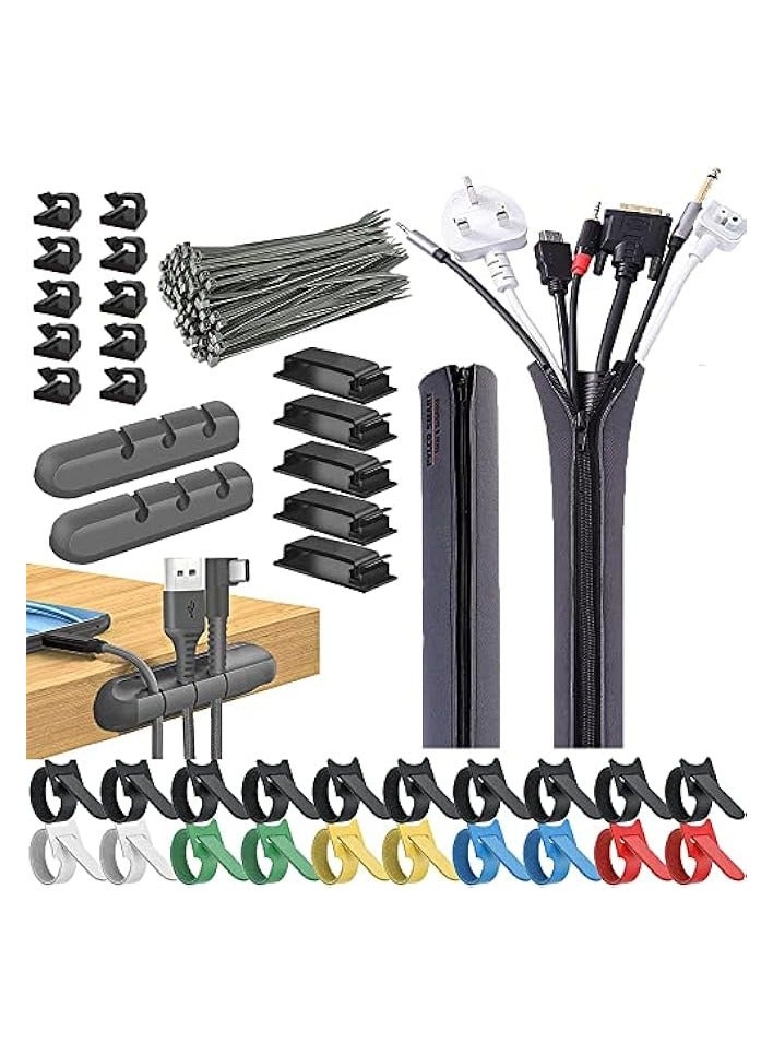 PYLCO SMART 235Pcs Cable Management Kit, 2 Cable Sleeve Large, 2 Silicone Cable Holder, 36 Cable Organizer Straps, 10+5 Cord Clips, 180 Wire Organiser Cable Ties for Under Desk Home Office TV Computer Cables - Image 1