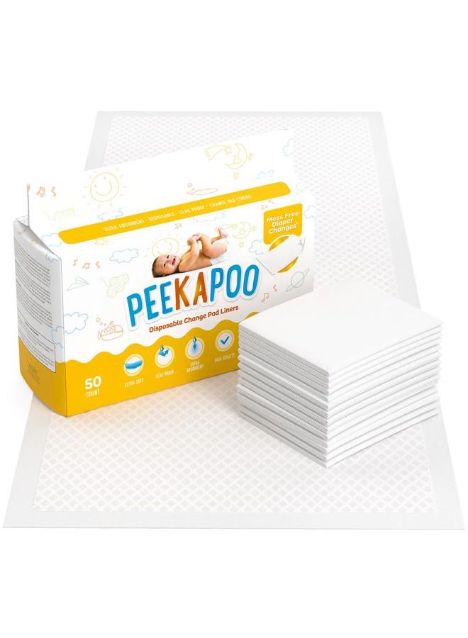 Peekapoo Disposable Changing Pad Liners (50 Pack) Super Soft, Ultra Absorbent & Waterproof - Covers Any Surface for Mess Free Baby Diaper Changes - Image 1