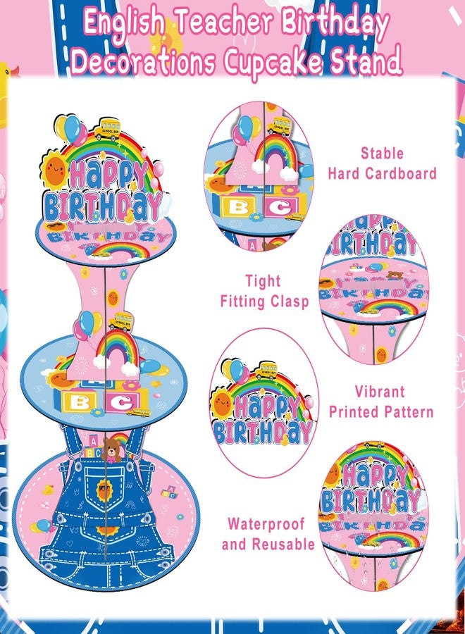 Aposwow Rachell Teacher Birthday Party Decorations - 3 Tier Cartoon English Teachers Cupcake Stand Rachel Girls Rainbow ABC Dessert Tower Party Decor for Cartoon Teacher Fans Birthday Baby Shower Classroom - Image 3