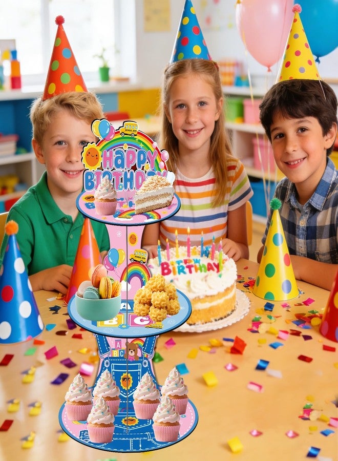 Aposwow Rachell Teacher Birthday Party Decorations - 3 Tier Cartoon English Teachers Cupcake Stand Rachel Girls Rainbow ABC Dessert Tower Party Decor for Cartoon Teacher Fans Birthday Baby Shower Classroom - Image 5