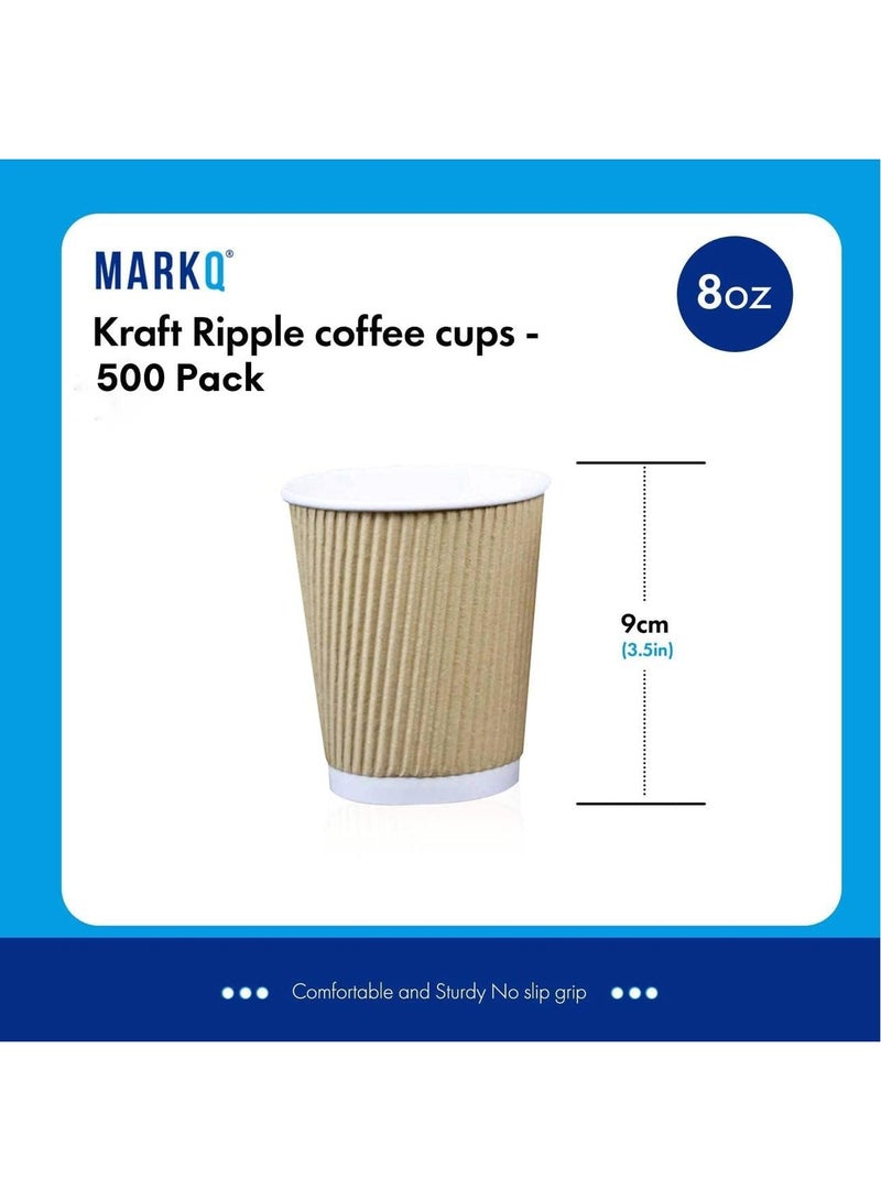 MARKQ [500 cups] 8 Oz Brown Disposable Ripple Insulated Coffee Cups | Eco-Friendly Disposable Cups | Hot Beverage Corrugated Paper Cups | Tea Cup - Image 2