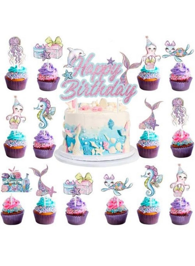 Ocean-Themed Cake Toppers, 17 pcs Cupcake Toppers with Happy Birthday Topper for Baby Shower Wedding Birthday Party Decor - Image 2