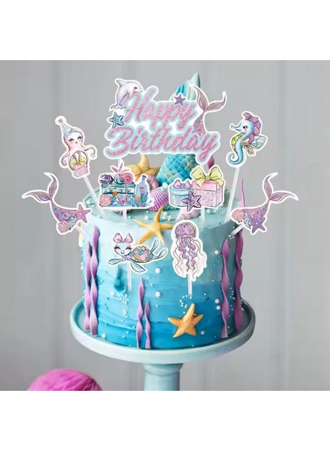 Ocean-Themed Cake Toppers, 17 pcs Cupcake Toppers with Happy Birthday Topper for Baby Shower Wedding Birthday Party Decor - Image 1