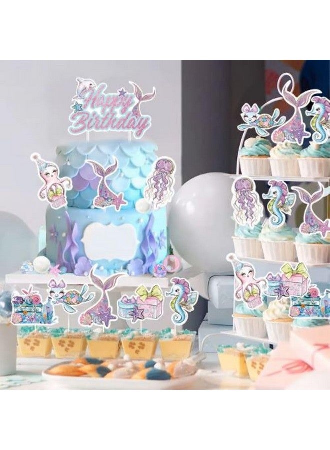 Ocean-Themed Cake Toppers, 17 pcs Cupcake Toppers with Happy Birthday Topper for Baby Shower Wedding Birthday Party Decor - Image 3
