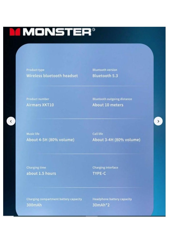 Monster - Monster XKT10 Bluetooth Earphones Wireless Headphones Gamer Headset Waterproof TWS Noise Reduction With Microphone Sports Earbud black - Image 1