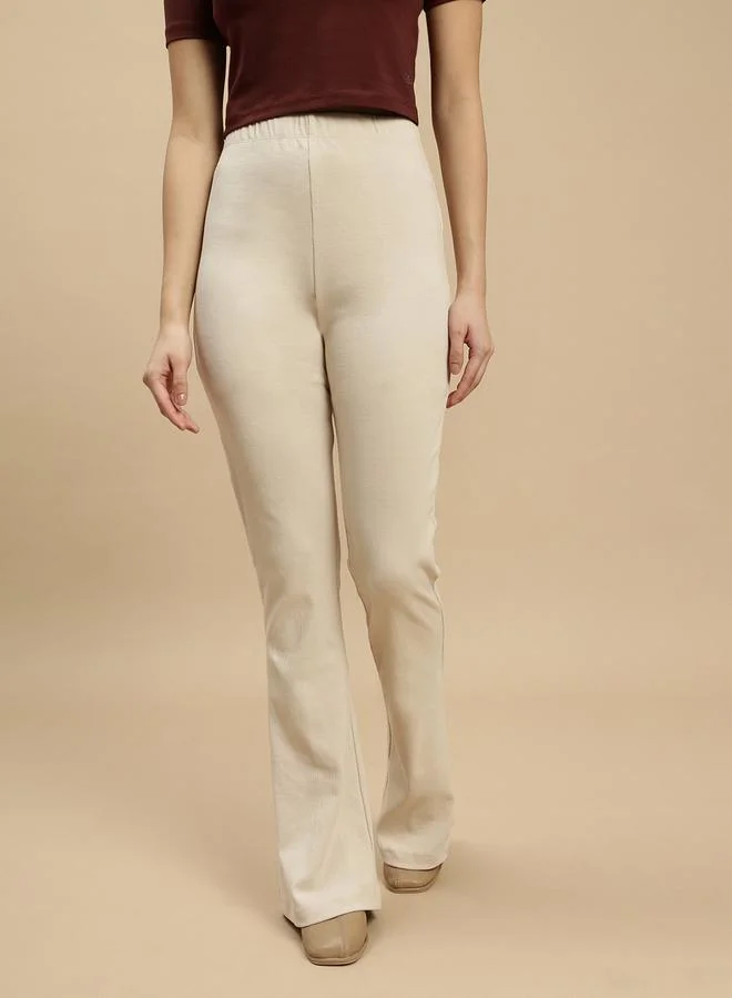 ECOLORE Beige Ribbed Flared Pants
