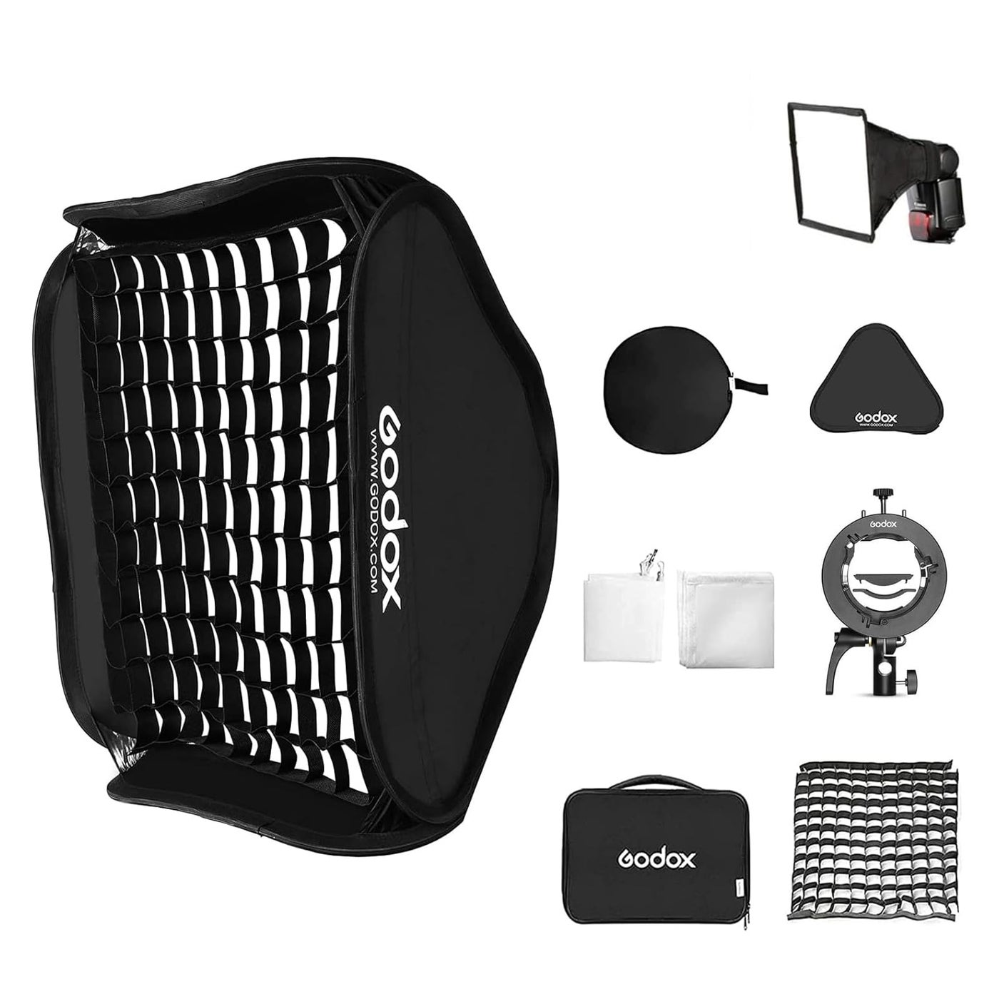 GODOX 24x24inch / 60x60cm Foldable Flash Softbox &Grid with Godox S2 S-Type Speedlite Bracket Bowens Mount and Carrying Case for Camera Speedlight Studio Video Shooting Portraits Product Photography