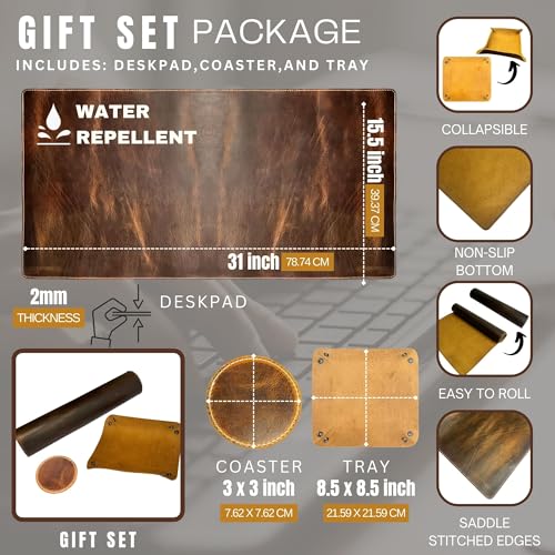 Rustic Town Leather Desk Mat Desk Pad Full Grain 32x16 Leather Desk Cover Blotter Protector Large Computer Keyboard Gaming Table Mat Desktop Accessories Mouse Pad for Laptop Office Home - Image 3