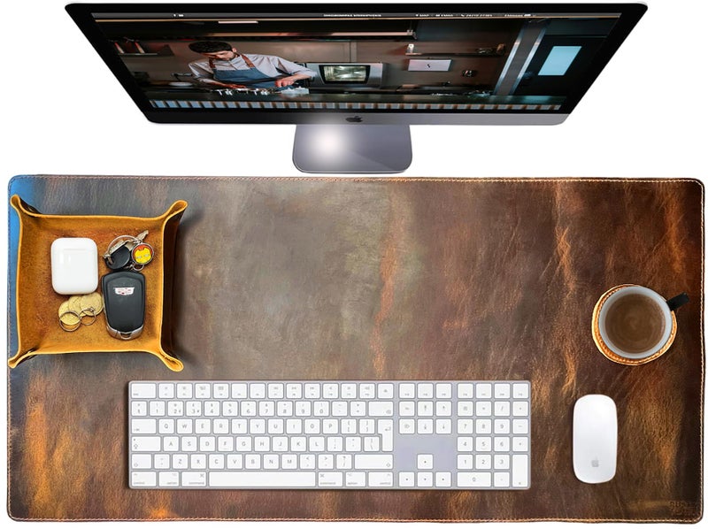 Rustic Town Leather Desk Mat Desk Pad Full Grain 32x16 Leather Desk Cover Blotter Protector Large Computer Keyboard Gaming Table Mat Desktop Accessories Mouse Pad for Laptop Office Home - Image 2