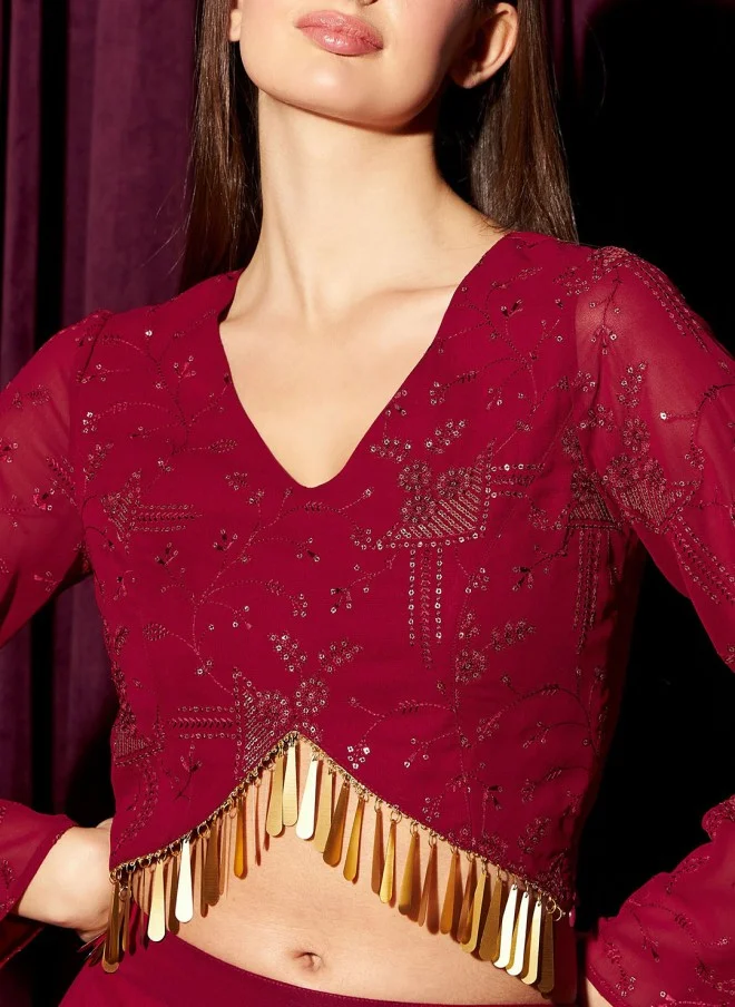 Indo Street Embellished V-Neck Top With Skirt For Women