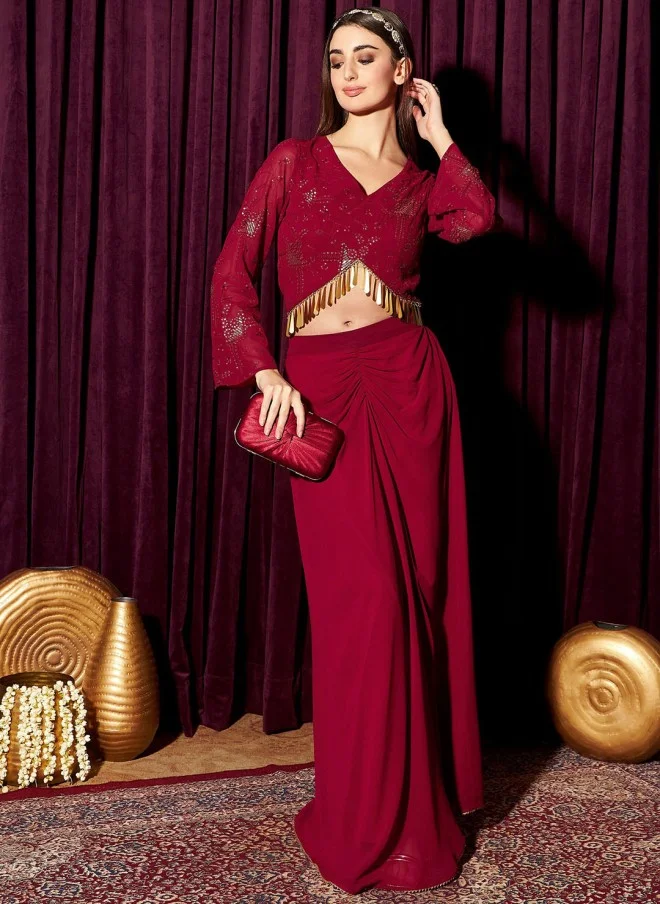 Indo Street Embellished V-Neck Top With Skirt For Women