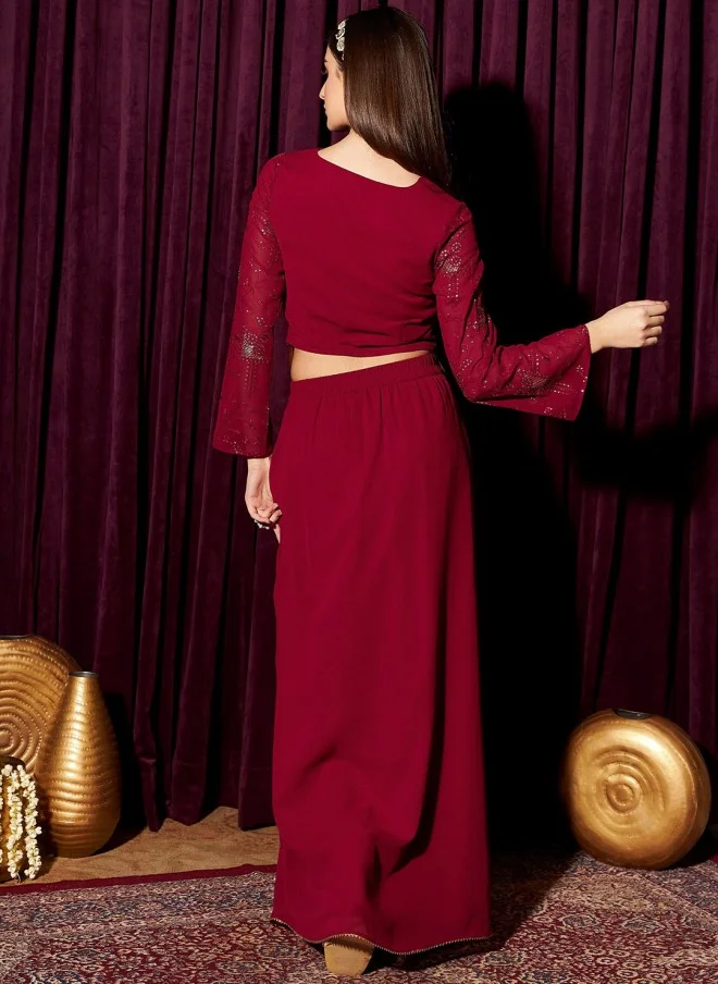 Indo Street Embellished V-Neck Top With Skirt For Women