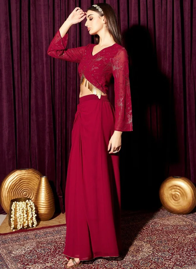 Indo Street Embellished V-Neck Top With Skirt For Women