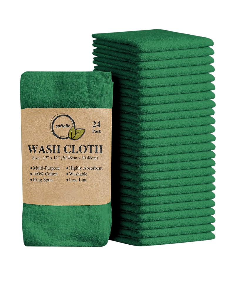 Softolle 100 Cotton Washcloths 24 Pack 12x12 Inches Soft Highly Absorbent Washcloth Face Towels Wash Cloths for Face Ring Spun Bulk Pack Dark Green