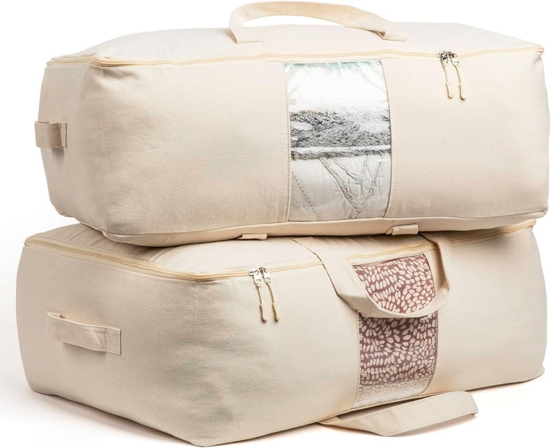 GROFFY Extra Large Storage Box Soft Canvas Storage Bags with Zipper 4-Carrying Handles and Window 25x19x9 inch Bag for Blankets Pillows,Woman Dresses,Sarees,Lehengas for Wardrobe Organizer (PACK OF 1) - Image 1