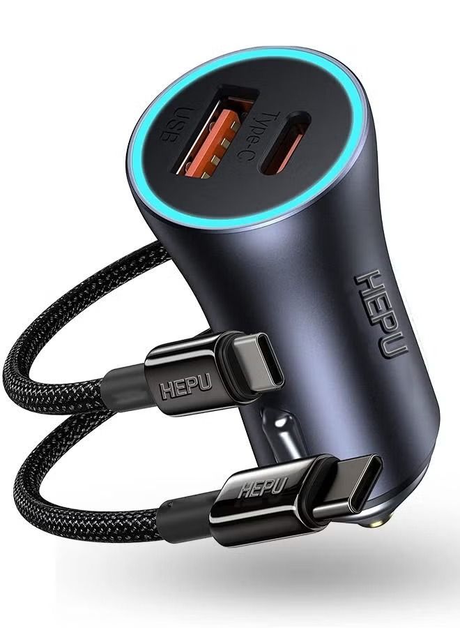 HEPU Aluminum Alloy Car Charger with 1 Meter USB C Cable Two USB Ports USB C and USB A Fast Charging Feature - Image 1